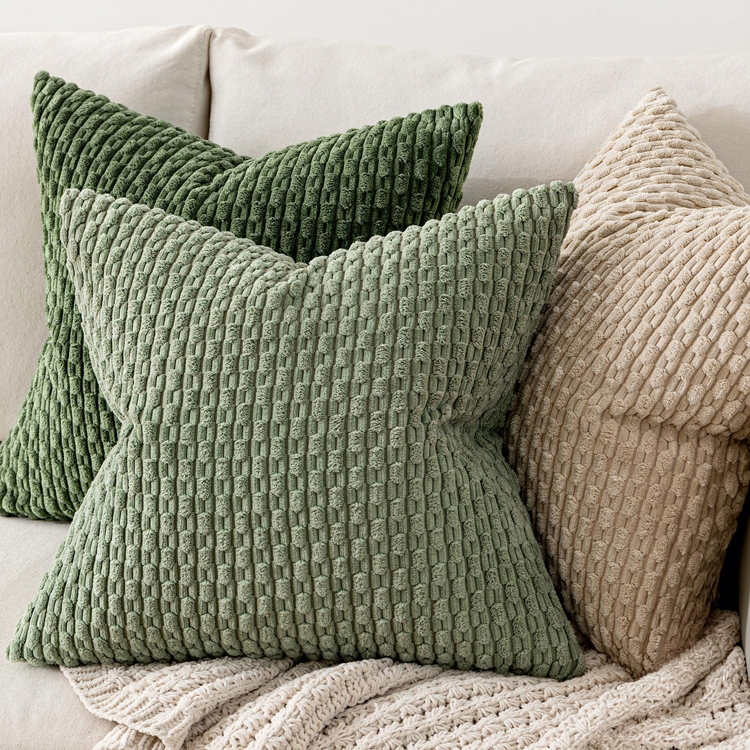 MIULEE Pack of 2 Decorative Throw Pillow Covers 18x18 Inch Soft Boho Striped Textured Corduroy Pillow Covers Spring Modern Farmhouse Home Decor for Couch Bed Sofa Living Room Sage Green
