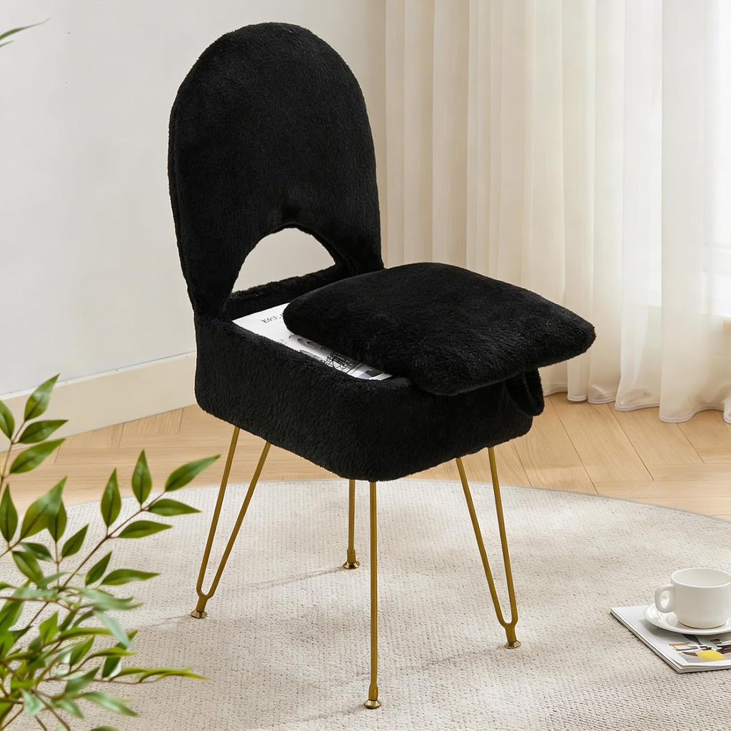 White Vanity Chair with Storage, Folding Back Faux Fur Vanity Stool, Makeup Ottoman with Gold Legs for Bedroom/Bathroom
