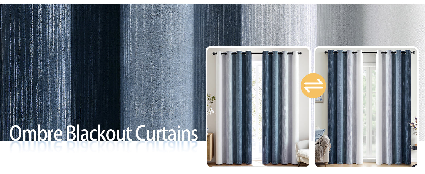 Ombre 100% Blackout Curtains, Navy Blue and Greyish White Full Room Darkening Thermal Insulated 84 Inches Long Drapes for Bedroom/Living Room Grommet Window Treatments Modern 52Wx84L, Set of 2