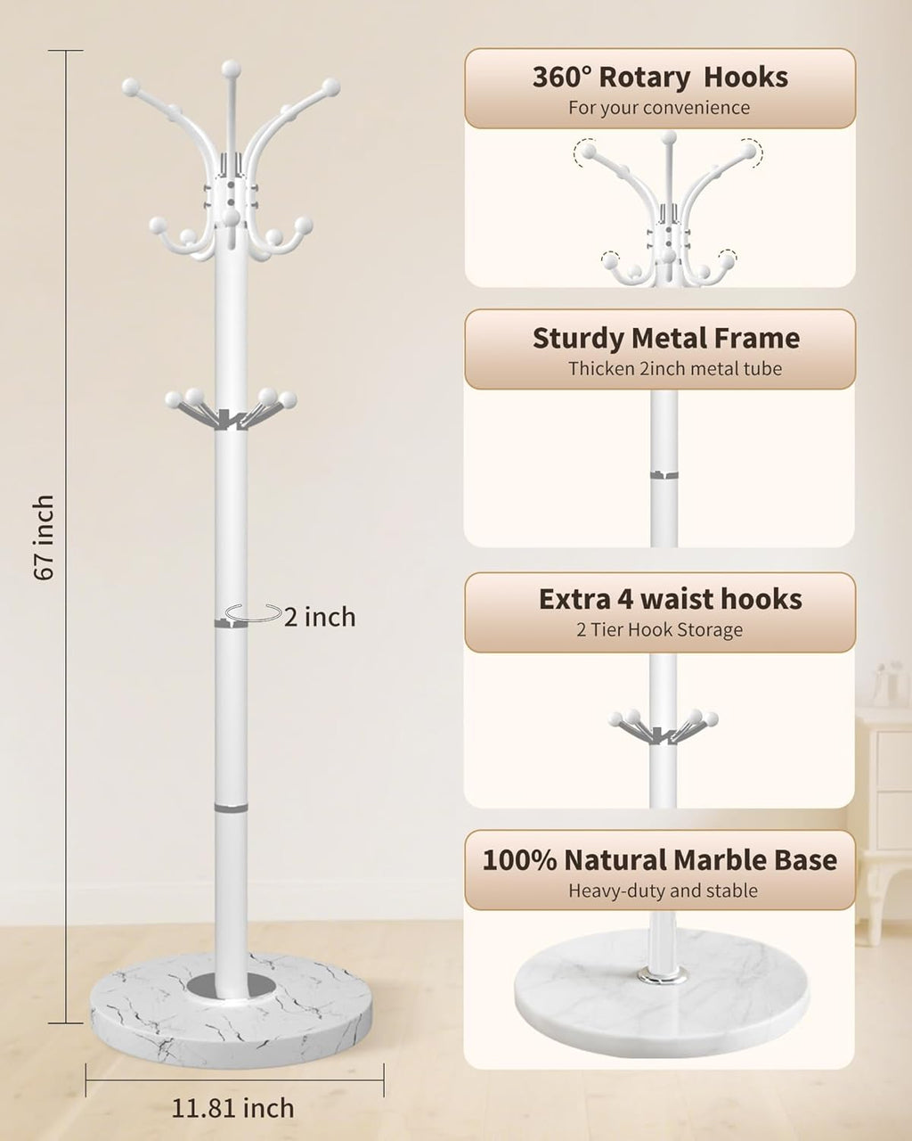 Metal Coat Rack with Natural Marble Base,360°Rotary Coat Rack Stand with 14 Hooks,Modern Freestanging Coat Racks,White Coat Jacket Hanger Clothes Tree Stand for Entryway,Corner