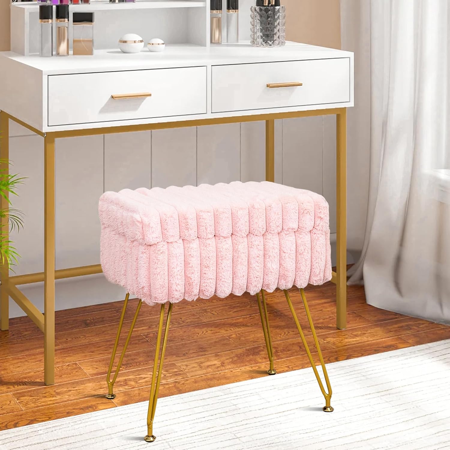 Faux Fur White Vanity Stool Chair with Storage Ottoman, Vanity Chair for Makeup Room, Vanity Stools for Bedroom, Footrest with Metal Legs and as a Coffee Table, White