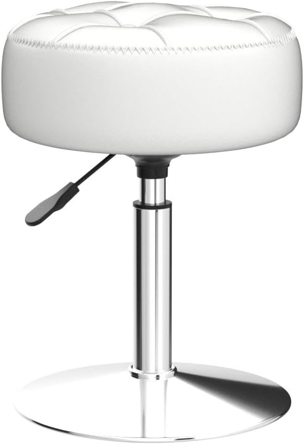 Adjustable Vanity Stool, 360 Swivel Chair for Makeup Room, White Faux Leather Stool for Bathroom & Living Room