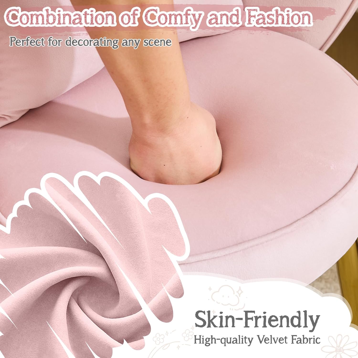 Makeup Vanity Chair with Back,Flower Cute Girls Desk Chair Comfy No Wheels,Modern Dining Chair,Small Accent Chair with Adustable Gold Legs&Bow Pillow for Home Office,Bedroom,Velvet,Pink