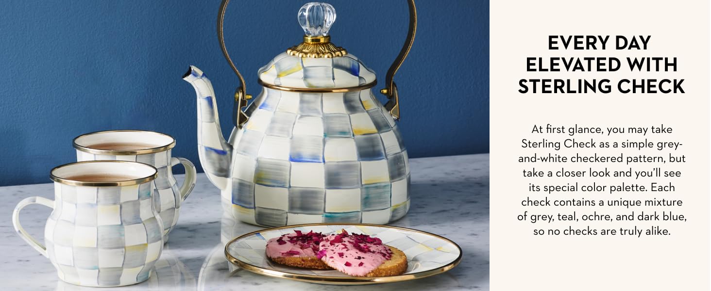 Enamel Pedestal Serving Platter, Decorative Serving Dish for Food, Mini, Black-and-White Courtly Check